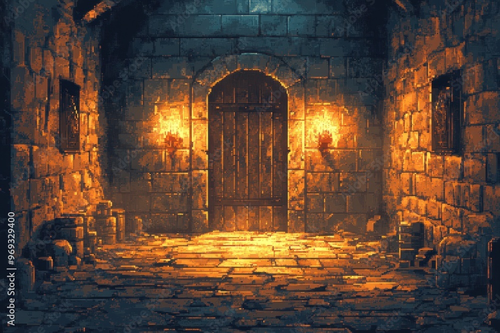 Poster retro pixelated dungeon with traps and copy space wall for game design concepts