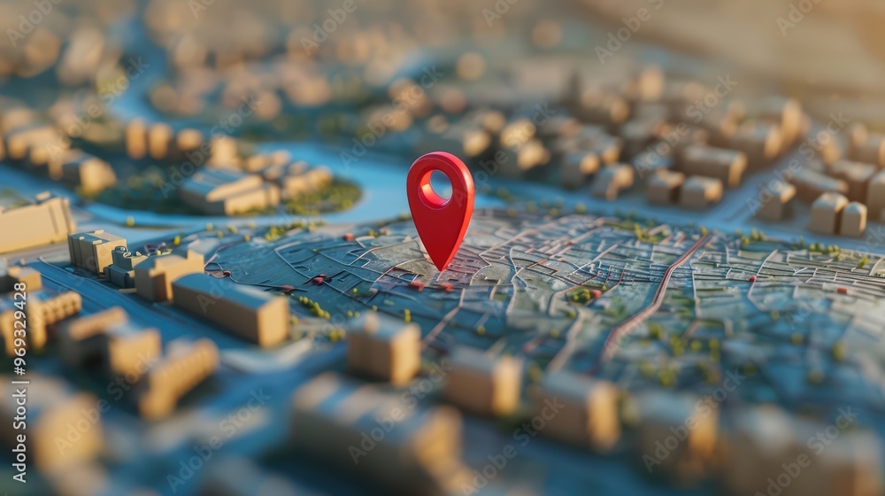 Poster a detailed aerial view of a city map with a prominent location pin highlighting a specific area, per
