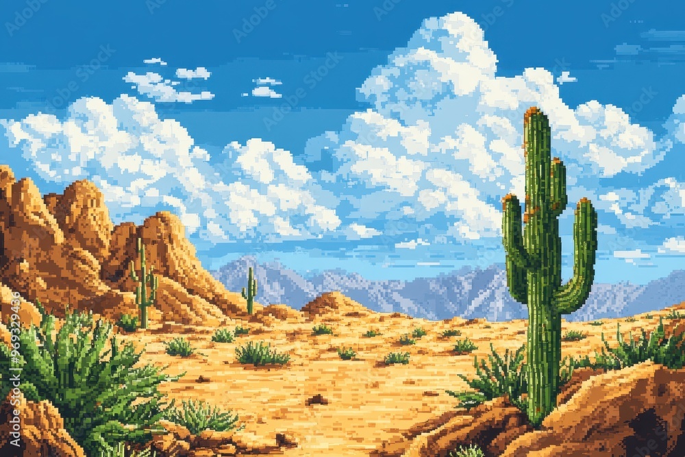 Poster retro 8-bit desert landscape with pixelated cacti and copy space in the sky