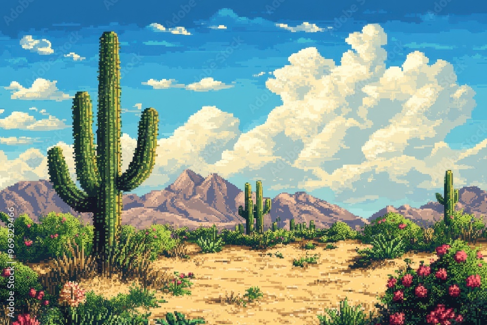 Poster Retro Pixel Art Desert Landscape with Cacti and Copy Space for Text - 8-bit Style Scene for Design Projects