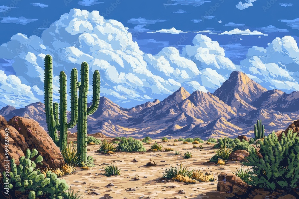 Aufkleber retro 8-bit desert landscape with pixelated cacti and copy space for text overlay