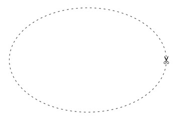 Fototapeta premium scissors on dashed line oval shape, dash line and scissors, dash outline and scissors
