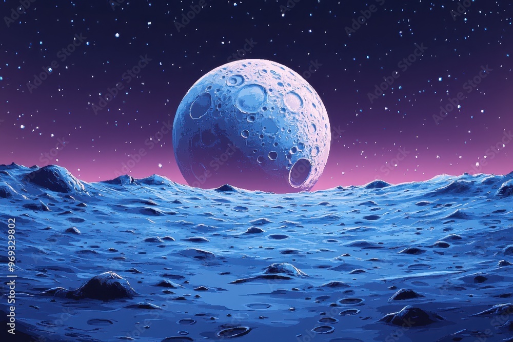 Poster cosmic retro vibes: 8-bit pixelated moon surface with blank sky for text background