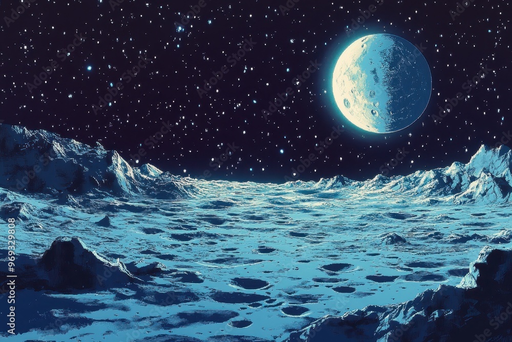 Poster retro 8-bit moon surface with craters for text overlay