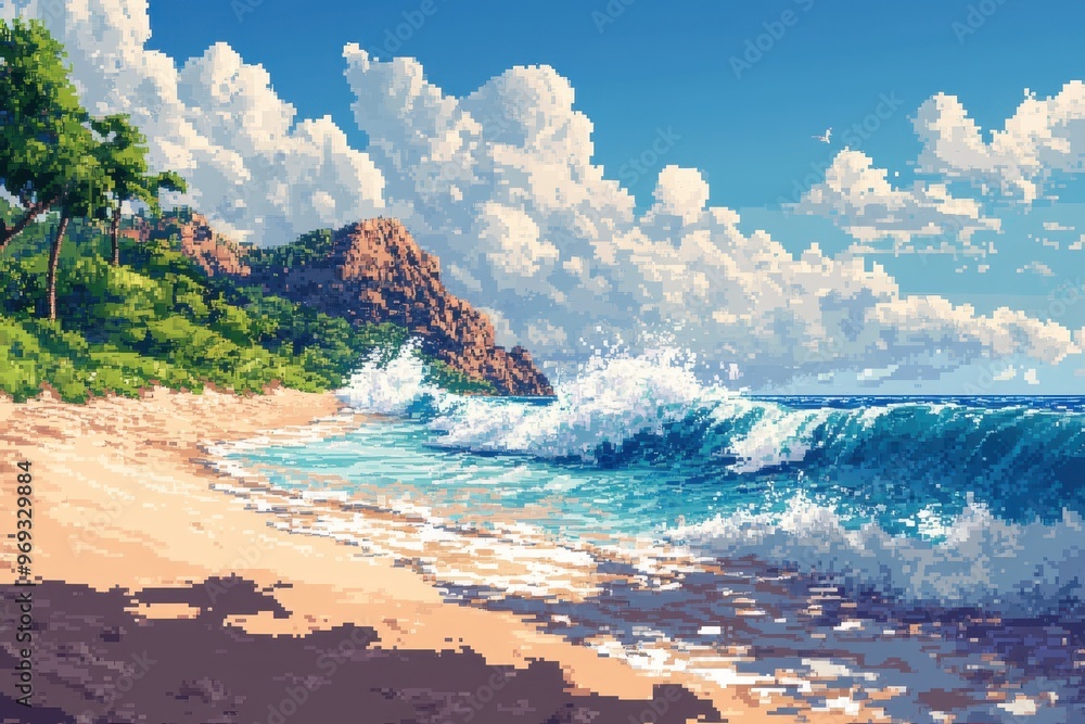 Poster retro beach scene with pixelated waves and clear sandy copy space for text overlay
