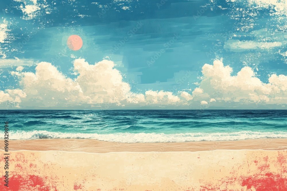 Aufkleber digital retro beach scene with pixelated waves and sandy copy space for text placement