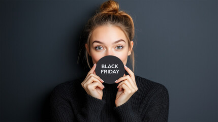Happy Woman in Casual Black Jumper Holding Sticker, Label with Black Friday Typography, Text, Black Week Promotion and Sale Concept.