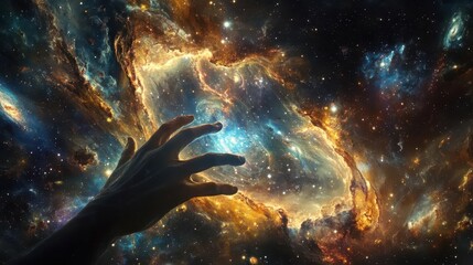 Obraz premium aweinspiring depiction of cosmic creation swirling nebulas and galaxies emerging from void divine hand reaching into chaotic beauty of nascent universe blend of scientific and spiritual imagery