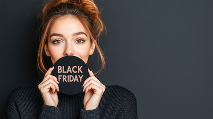Happy Woman in Casual Black Jumper Holding Sticker with Black Friday Typography, Black Week Promotion and Sale Concept.