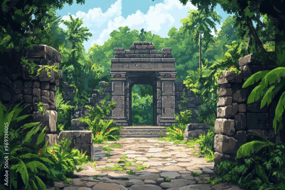 Aufkleber digital jungle landscape with pixelated temples and copy space for text overlay