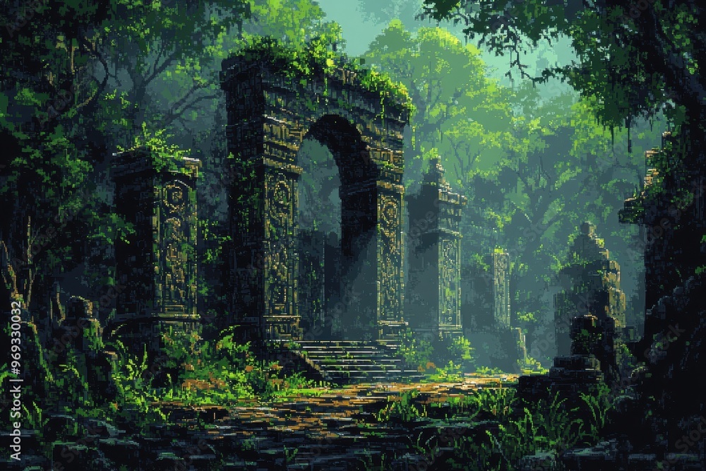 Poster digital jungle escape - pixelated temples amidst a lush virtual forest with space for text overlay.
