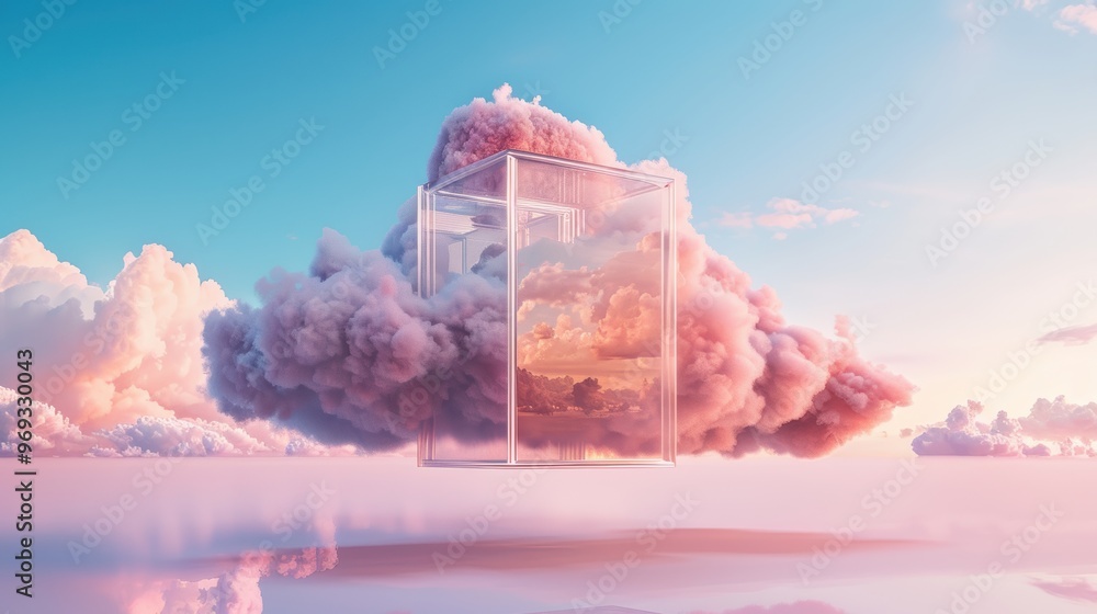Poster create captivating images of cloud computing with surreal data centers housed within translucent, fl
