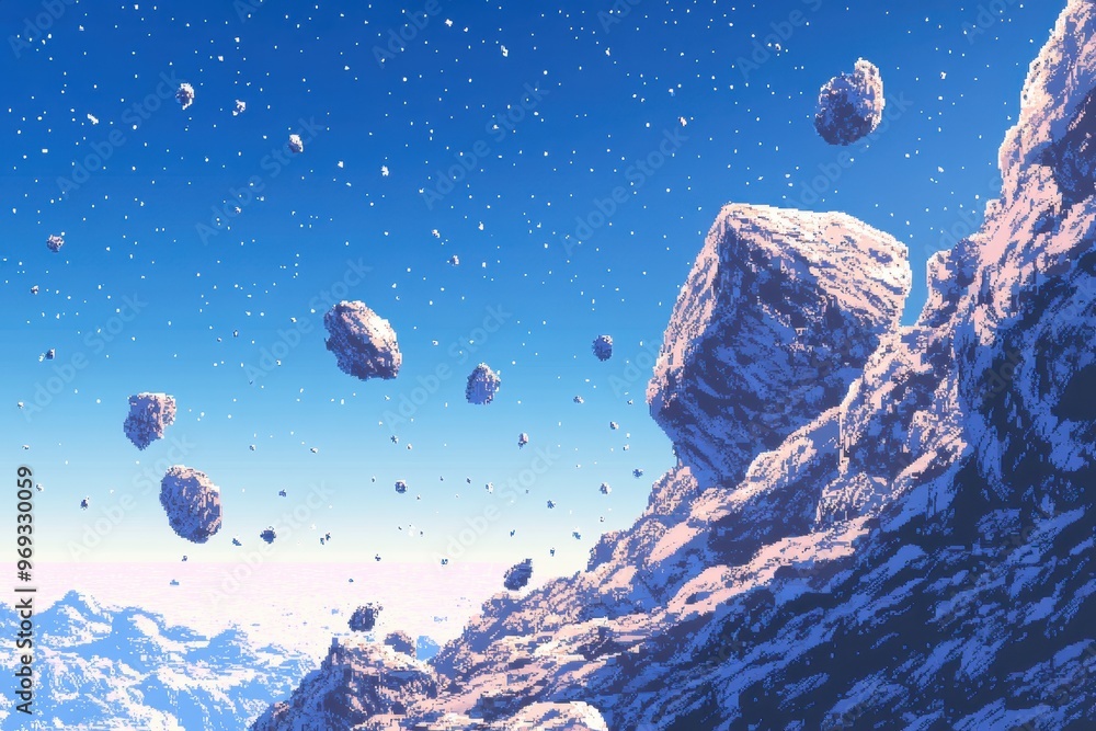 Poster retro 8-bit outer space scene with pixel asteroids and clear sky for copy space