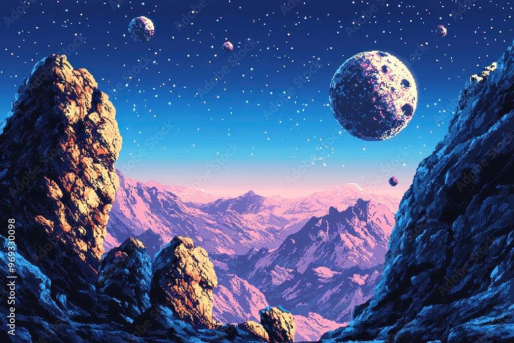 Poster retro 8-bit outer space scene with pixel asteroids and clear sky for copy space