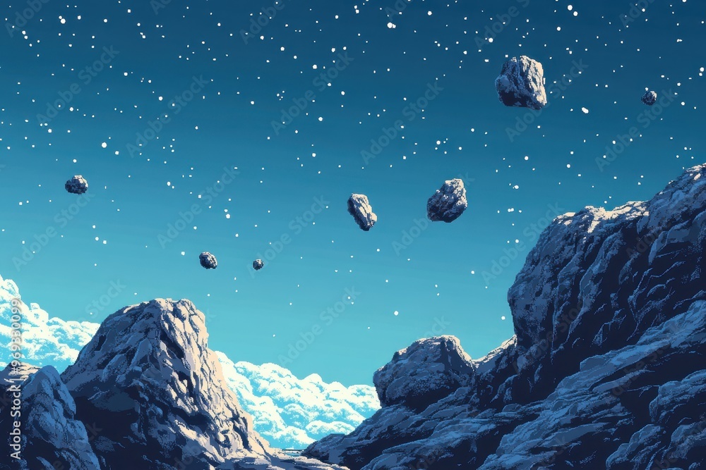 Poster retro 8-bit outer space scene with pixel asteroids and clear sky for copy space