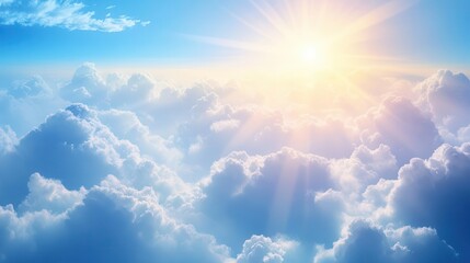 aweinspiring skyscape with sun rays piercing through majestic cloud formations creating a celestial stairway effect against a gradient blue background