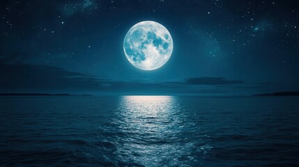 aweinspiring full moon rising over tranquil ocean casting shimmering silver pathway across gently rippling water surface stars twinkling in deep indigo sky