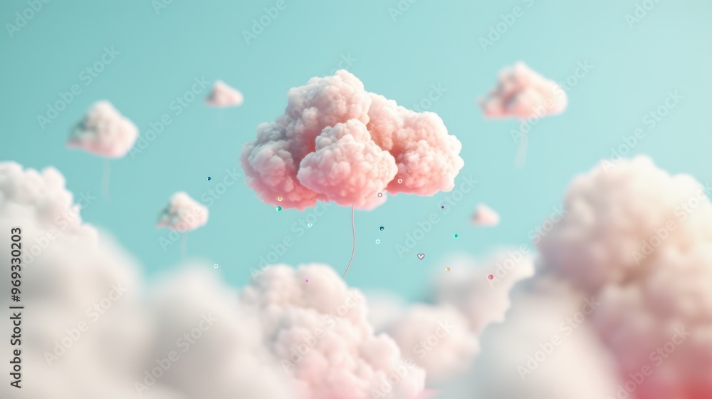 Poster explore surreal cloud computing with whimsical cloud icons and graphics floating in a dreamlike sky.