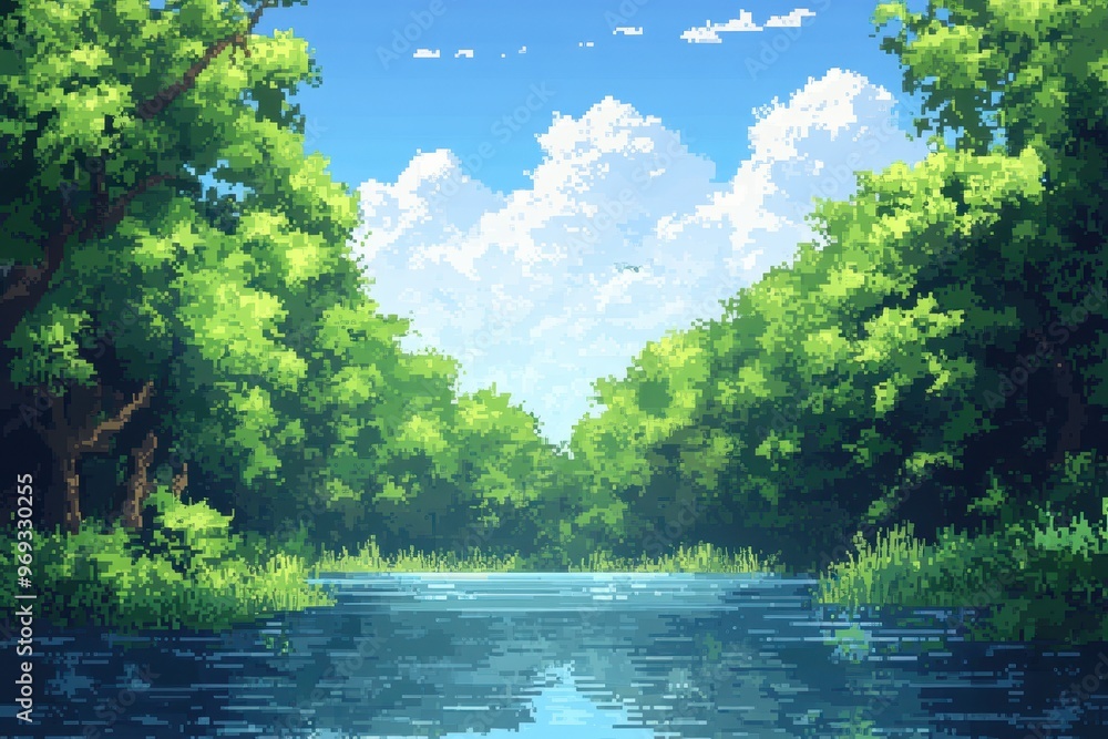 Poster tranquil 16-bit pixelated forest scene with river - serene digital landscape background with copy sp