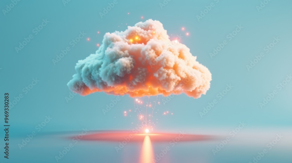 Poster capture the essence of cloud computing with surreal compositions where cloud icons transform into fa