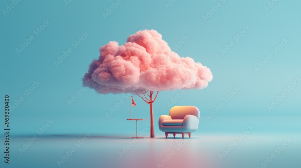 Poster discover the artistry of cloud computing through surreal remote work setups, visualized as luminous,