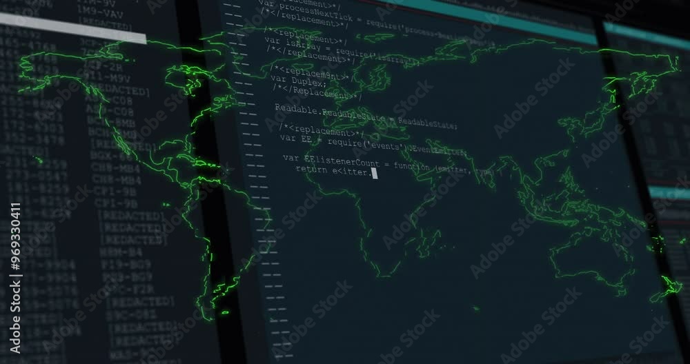 Poster animation of data processing and world map over black background