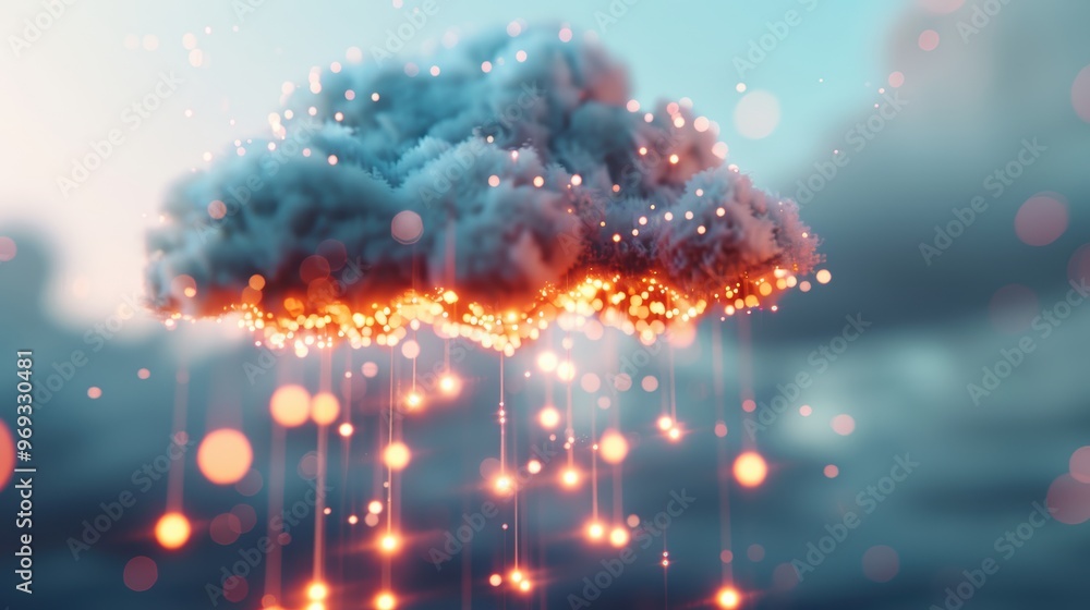 Poster explore surreal cloud computing with ai and big data, featuring floating neural networks and luminou