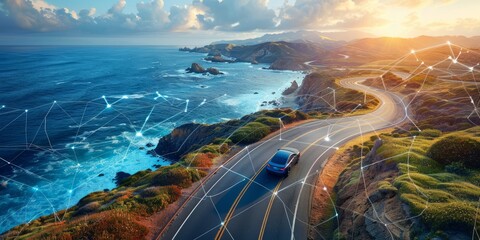 A modern car driving along a coastal road with digital network connections overlaying the landscape, symbolizing smart technology, connectivity