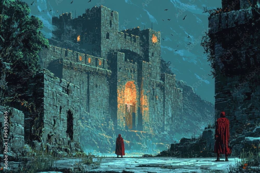 Poster retro 16-bit pixelated dungeon scene with pixel enemies and copy space wall