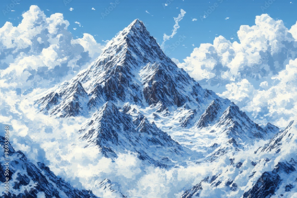 Aufkleber digital mountain landscape with pixel clouds and open sky for text overlay