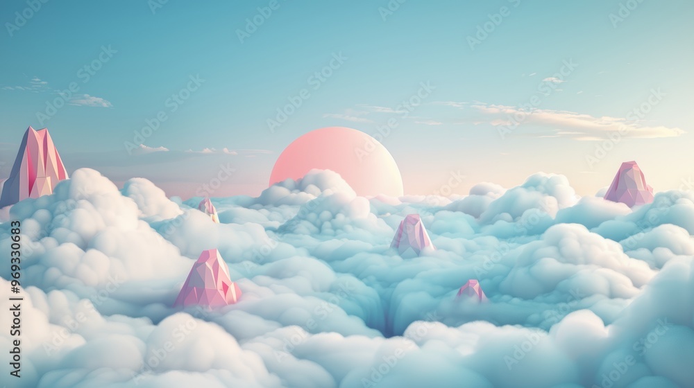 Poster capture the essence of cloud computing in a surreal landscape where digital apps and tools float ami