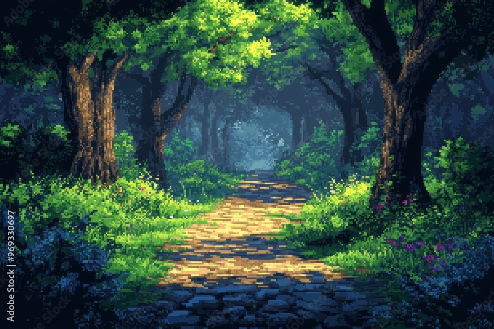 Poster retro 8-bit pixelated forest trail background with copy space