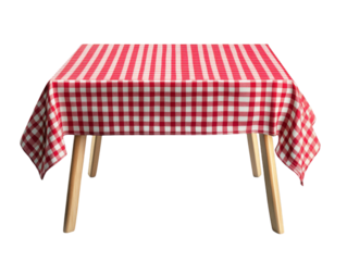 Table with Red and white checkered tablecloth isolated on transparent background.