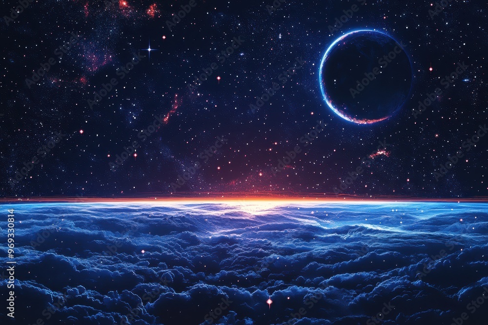 Poster retro pixelated outer space background with dark sky for text overlay