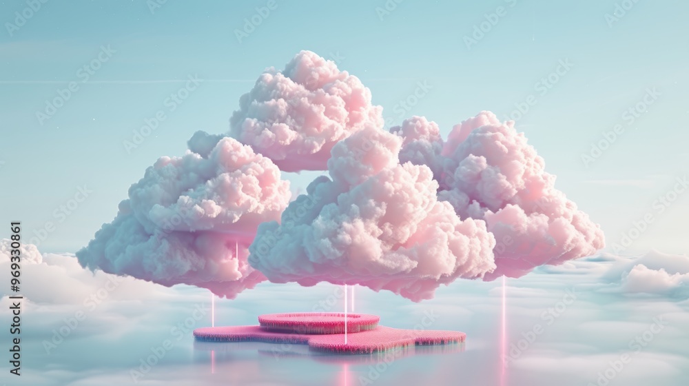 Poster explore surreal hybrid and multi-cloud environments with floating cloud platforms interconnected by 