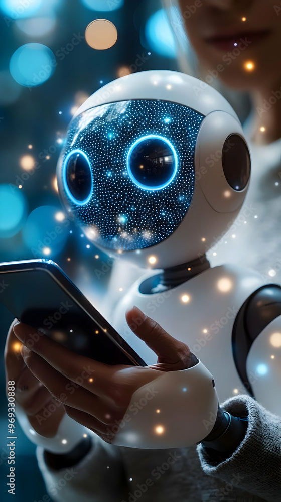 Poster 3d illustration - ai robot using smartphone with futuristic technology background