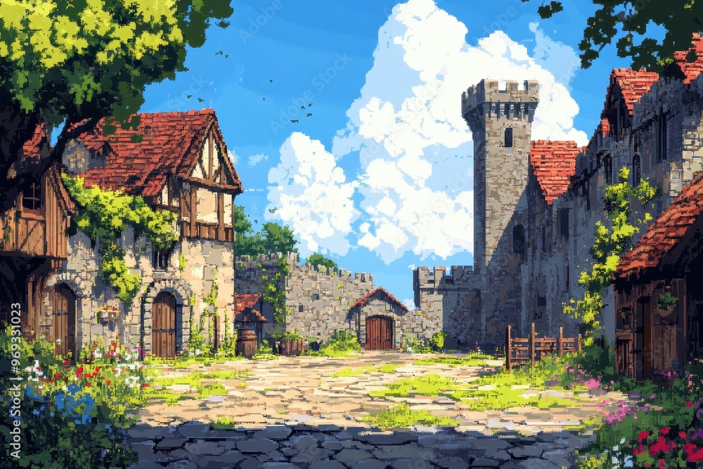 Poster digital rendering of a pixelated medieval castle courtyard with copy space for text