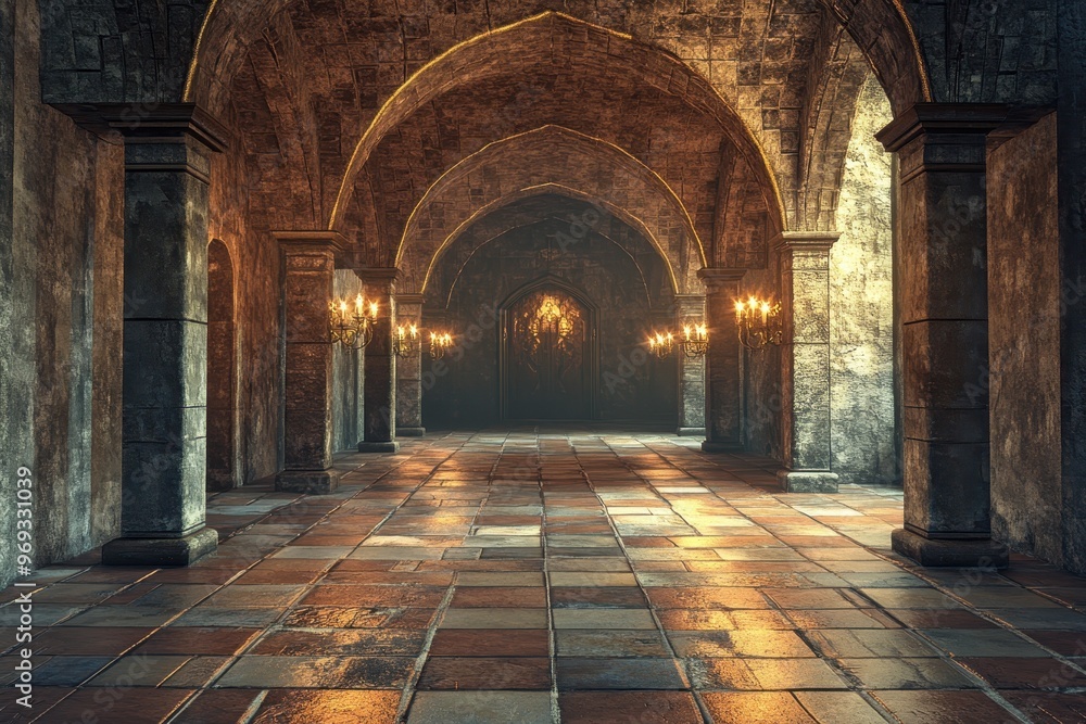 Poster digital medieval castle courtyard with empty space for text