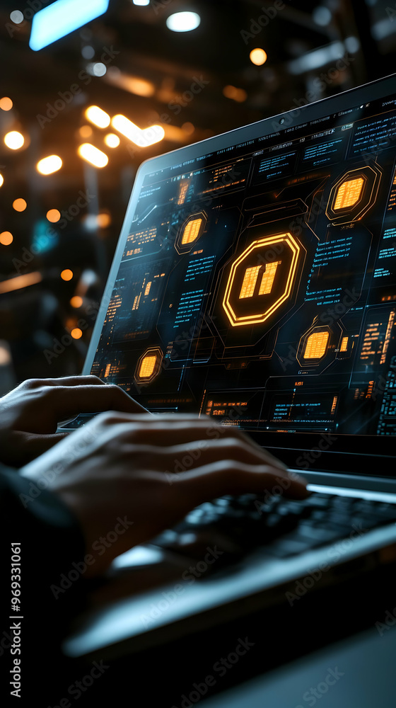 Poster futuristic technology illustration: coding on a laptop with interface display