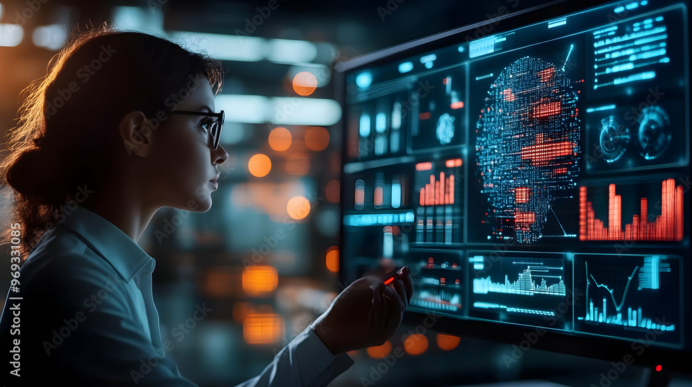 Poster woman analyzes data on a futuristic transparent computer screen - realistic image