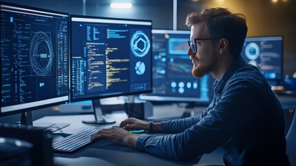 A tech professional working on a powerful desktop computer with multiple monitors and advanced software applications.