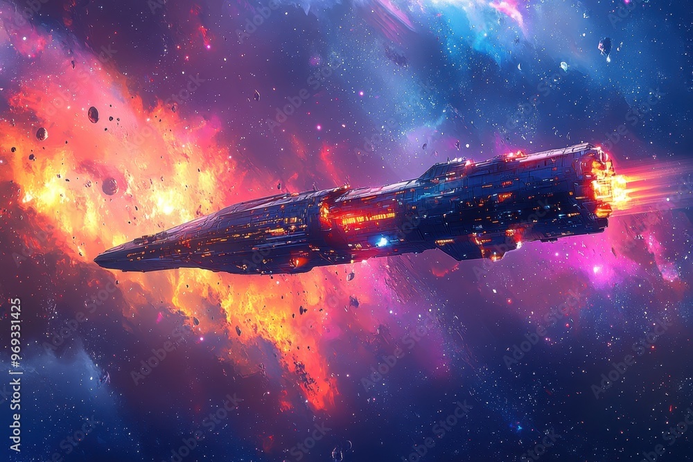 Poster retro pixelated spaceship flying through space with copy space