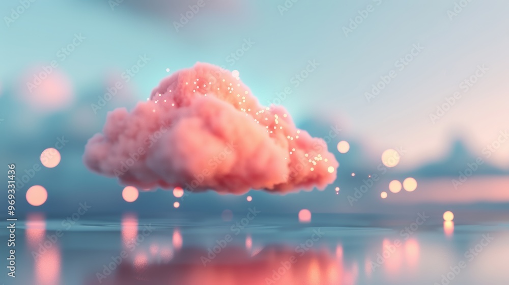 Poster Explore surreal cloud networking with floating servers and data streams merging seamlessly in a dreamlike sky.
