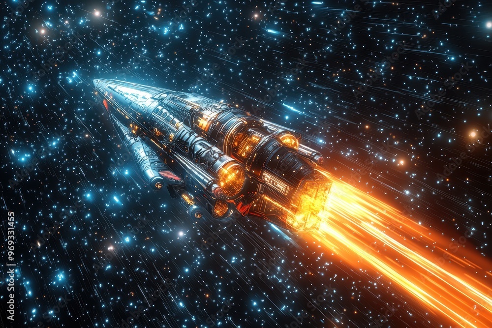 Poster retro pixelated spaceship soaring through dark space with copy space