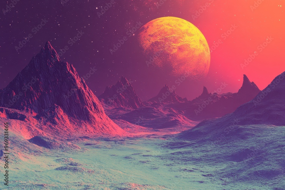 Poster retro 16-bit alien planet with pixelated structures and copy space for text overlay