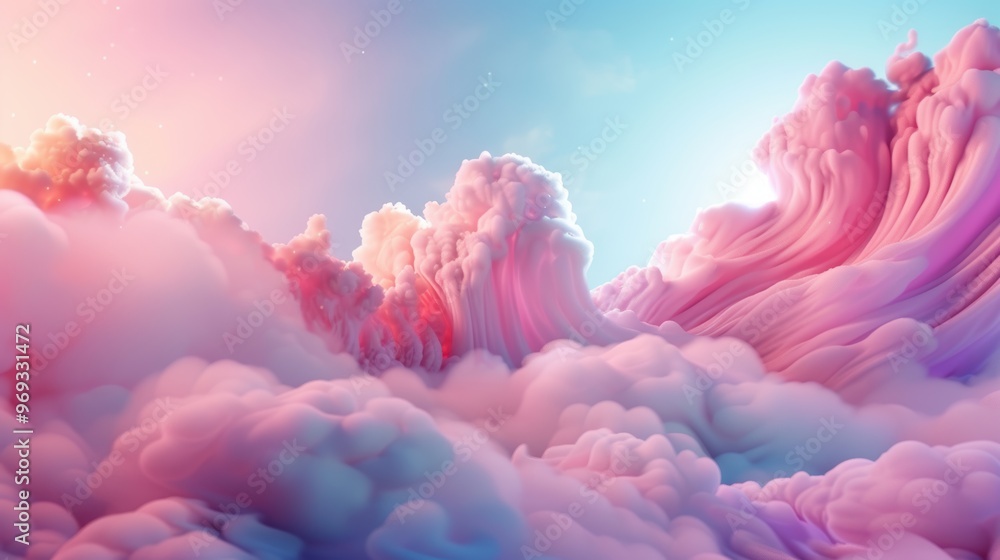 Poster Capture the essence of cloud networking in a surreal landscape where virtual networks intertwine through misty, interconnected cloudscapes.