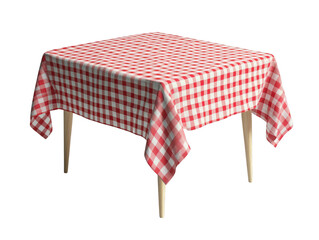 Table with Red and white checkered tablecloth isolated on transparent background.