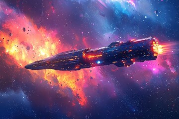 Naklejka premium Retro Pixelated Spaceship Flying Through Space with Copy Space