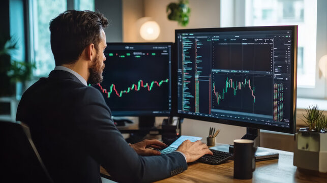 A financial advisor providing insights on cryptocurrency trends and potential returns to clients in a modern office - Powered by Adobe