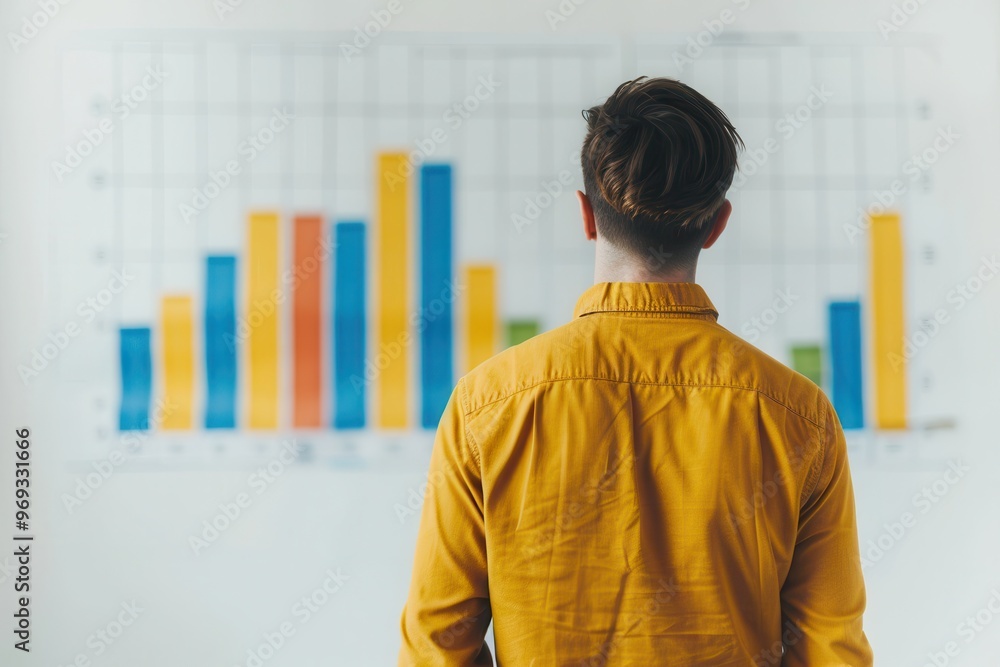 Poster man wearing a yellow shirt stands in front of a whiteboard, analyzing a colorful bar chart represent